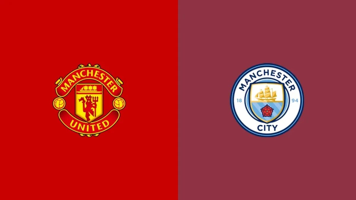 Логотипы Manchester United и Manchester City на фоне