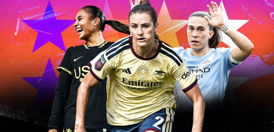 Три футболистки в форме команд на фоне графики