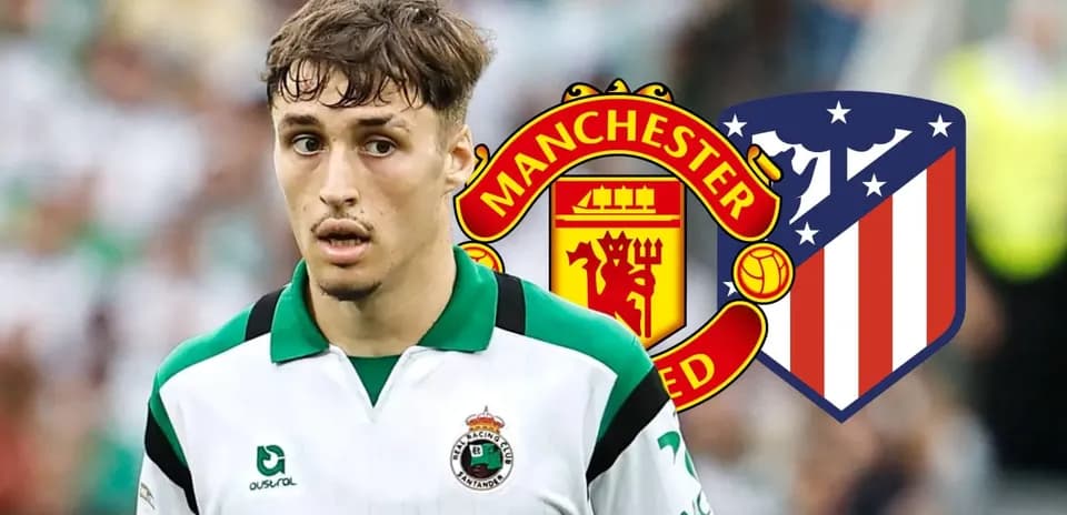 Игрок в форме Racing Santander на фоне логотипов клубов