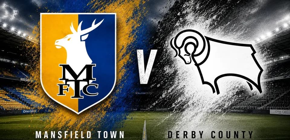 Логотипы Mansfield Town и Derby County с матчем на стадионе