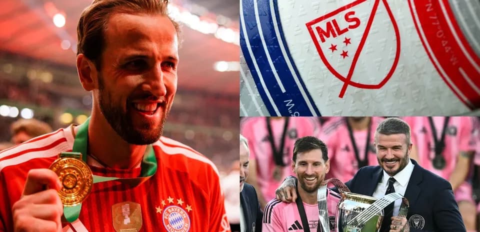 Гарри Кейн с медалью, логотип MLS и Месси с Дэвидом Бекхэмом