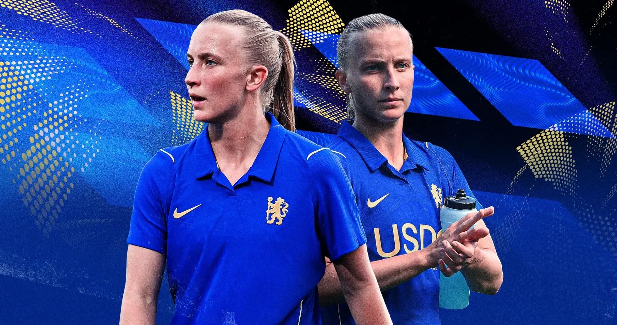 Игрок в синей форме Chelsea на фоне графики