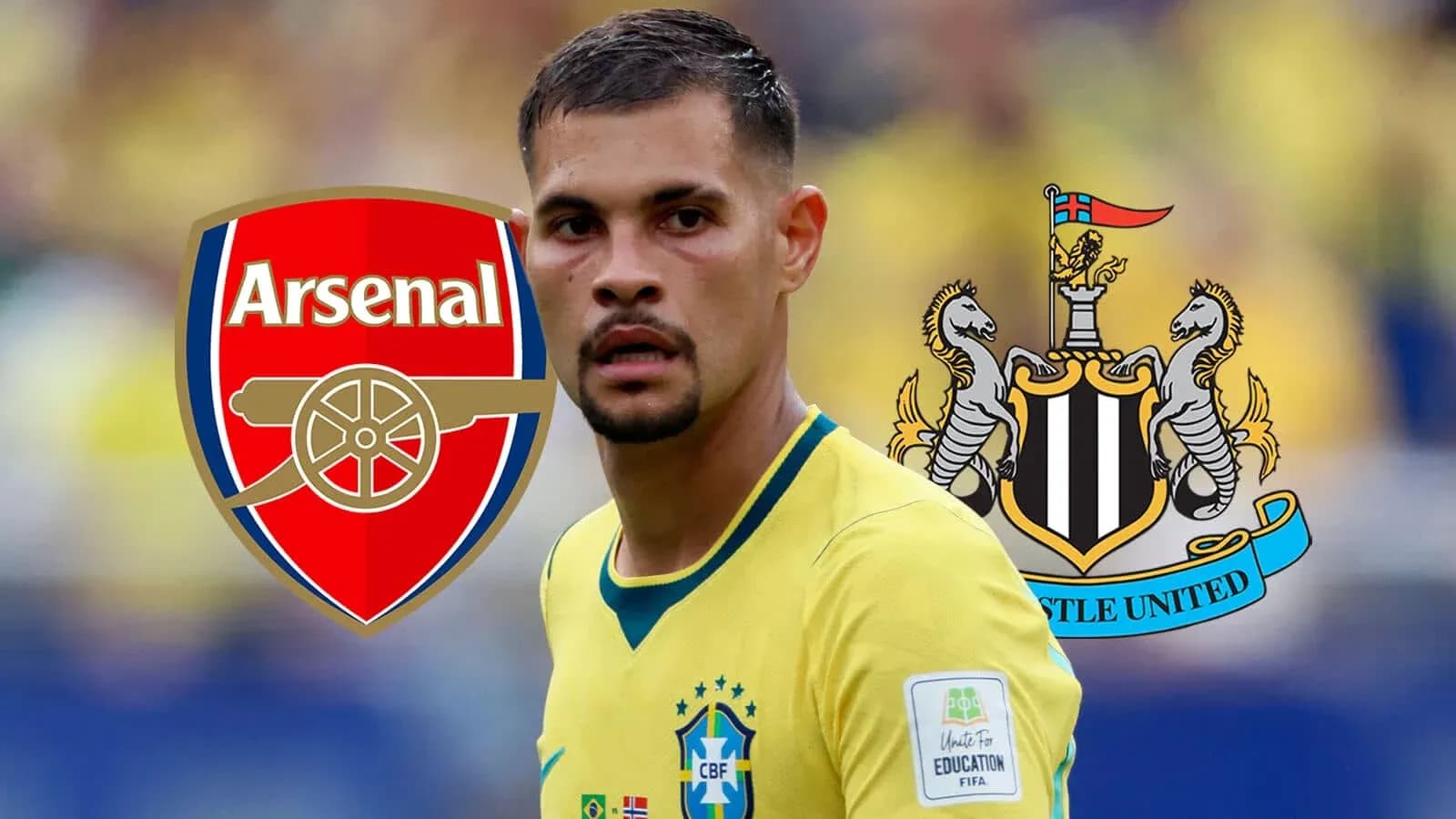 Игрок сборной Бразилии с логотипами Arsenal и Newcastle