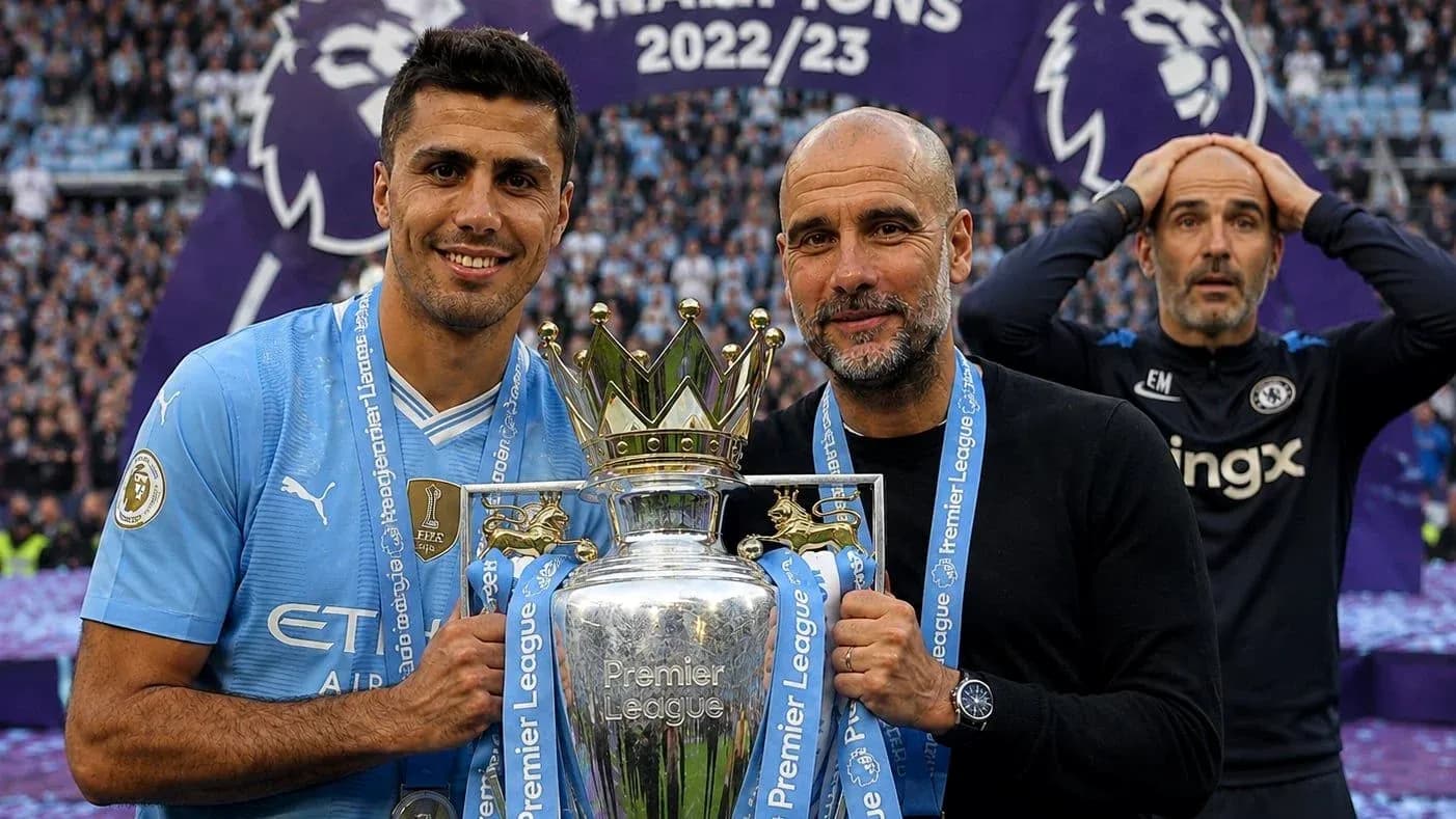 Игроки Manchester City с трофеем Премьер-лиги 2022/23