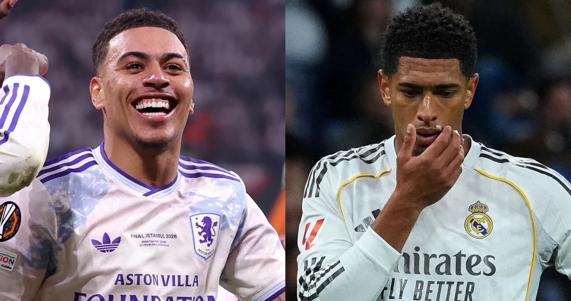 Два футболиста в форме клубов Aston Villa и Real Madrid Два футболиста в форме клубов Aston Villa и Real Madrid