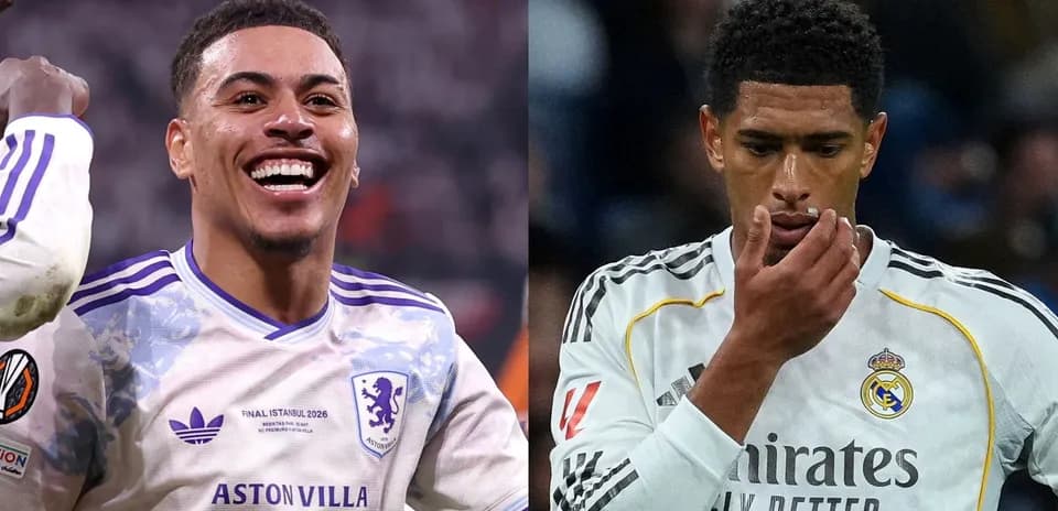 Два футболиста в форме клубов Aston Villa и Real Madrid Два футболиста в форме клубов Aston Villa и Real Madrid