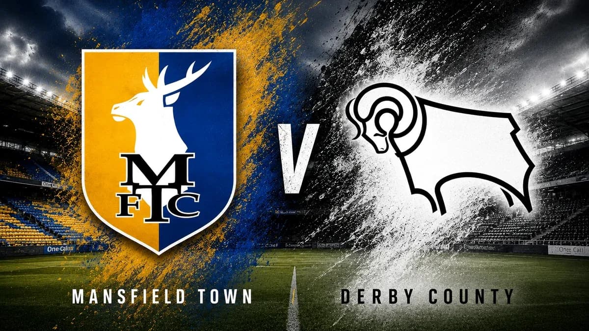 Логотипы Mansfield Town и Derby County с матчем на стадионе Логотипы Mansfield Town и Derby County с матчем на стадионе