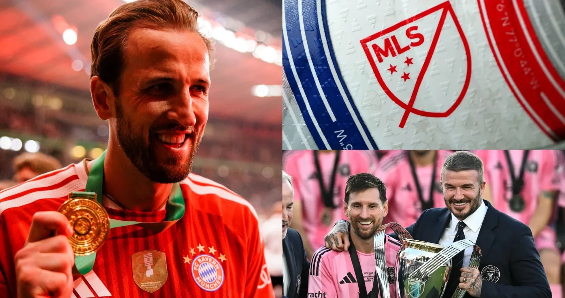 Гарри Кейн с медалью, логотип MLS и Месси с Дэвидом Бекхэмом Гарри Кейн с медалью, логотип MLS и Месси с Дэвидом Бекхэмом