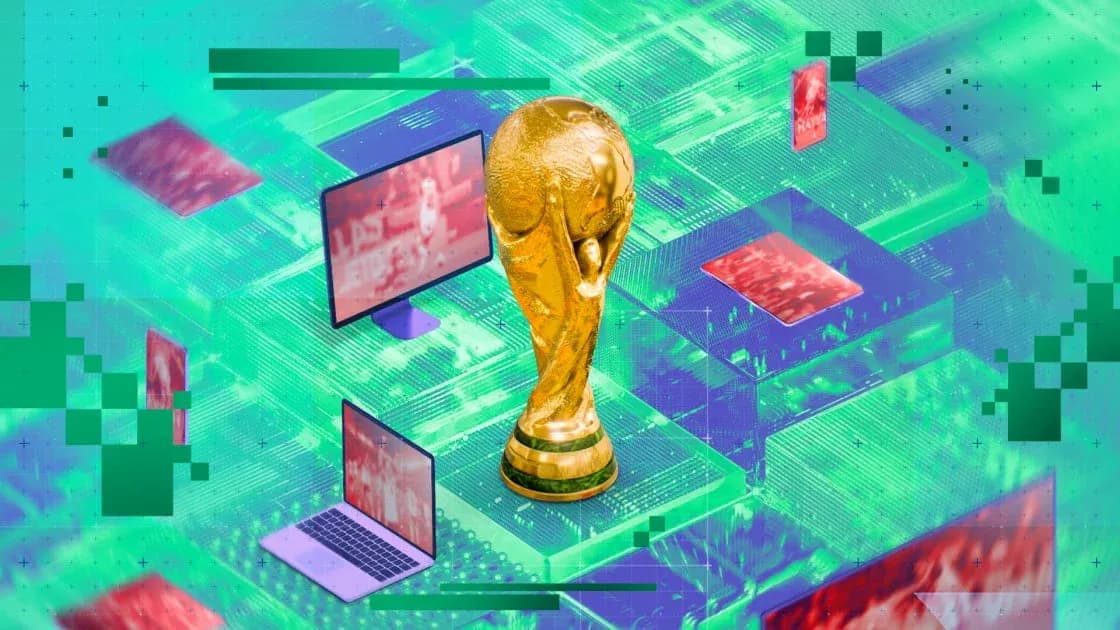 Золотой трофей Кубка мира на фоне технологий Золотой трофей Кубка мира на фоне технологий