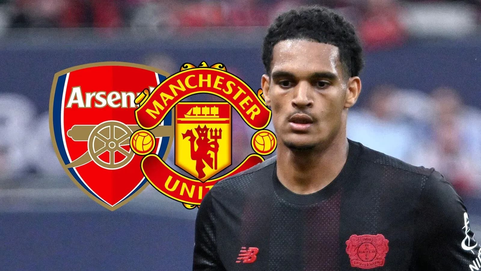 Игрок в форме Bayer Leverkusen на фоне логотипов Arsenal и Manchester United Игрок в форме Bayer Leverkusen на фоне логотипов Arsenal и Manchester United