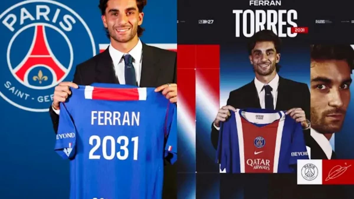 Футболист Ферран Торрес с формой PSG на презентации Футболист Ферран Торрес с формой PSG на презентации